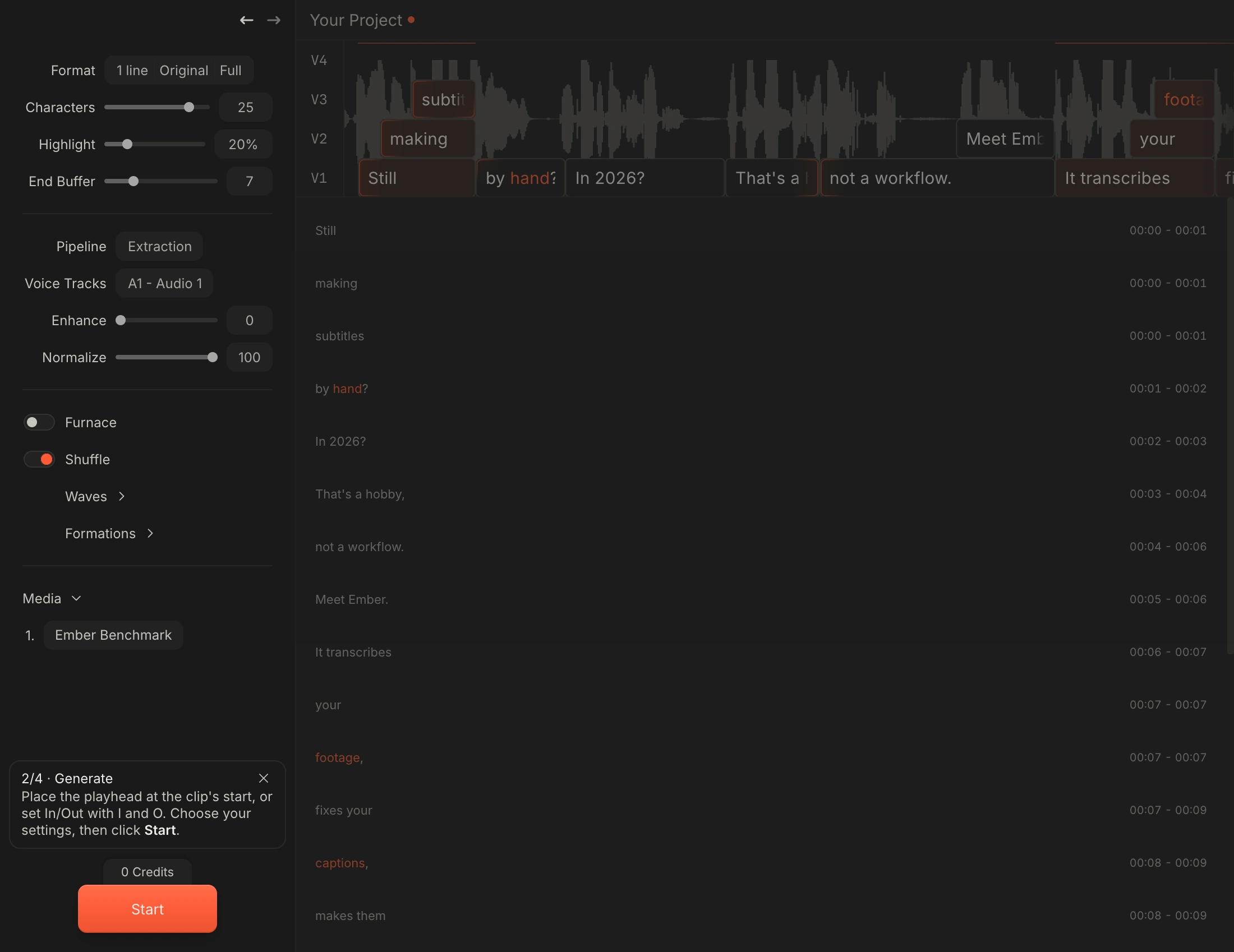 Ember generating word-timed subtitles from the active Resolve cut